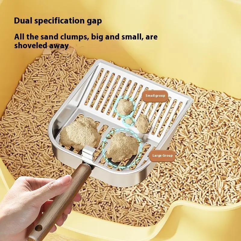 Stainless Steel Cat Litter Scoop Long Wooden Handle Pet Waste Shovel Cleaning Tool Long Handled Hollow Shovel Cats Supplies