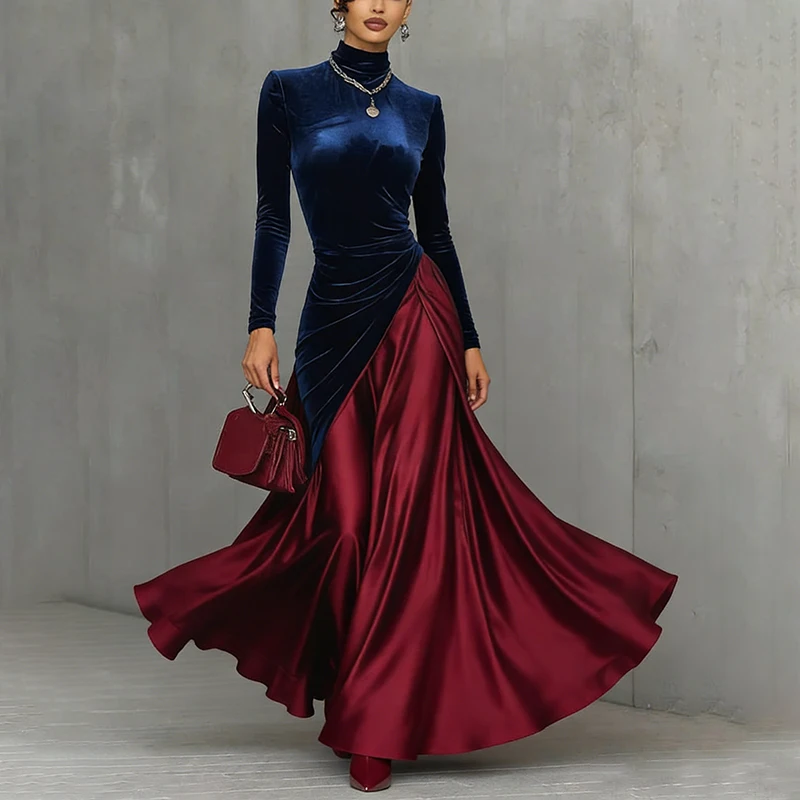 

2026 Spring Women Dress Autumn Long Sleeve Turtleneck Velvet Satin Patchwork Flowy Maxi Dress Elegant Formal Party Evening Dress