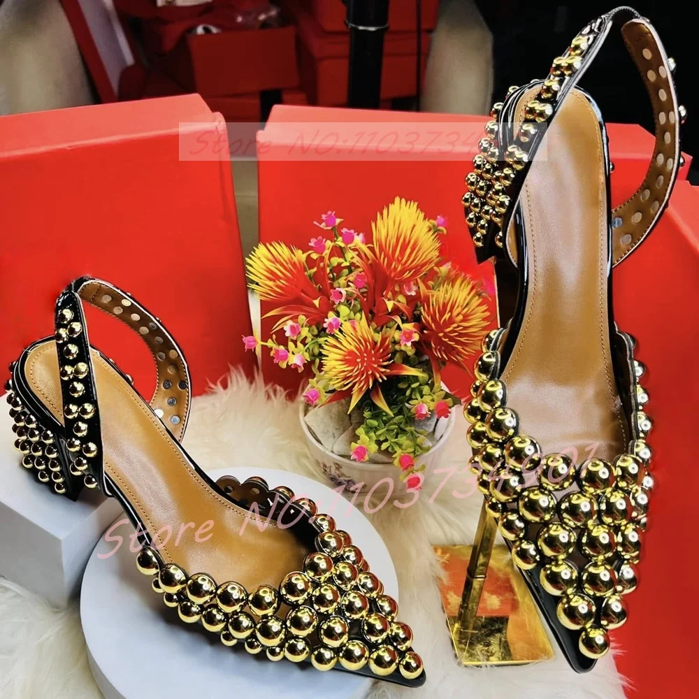 Sling Back Dome Sandals Women Luxury Pointed Toe Rivets High Heels Metallic Leather Shoes Ladies Party Sexy Sandals
