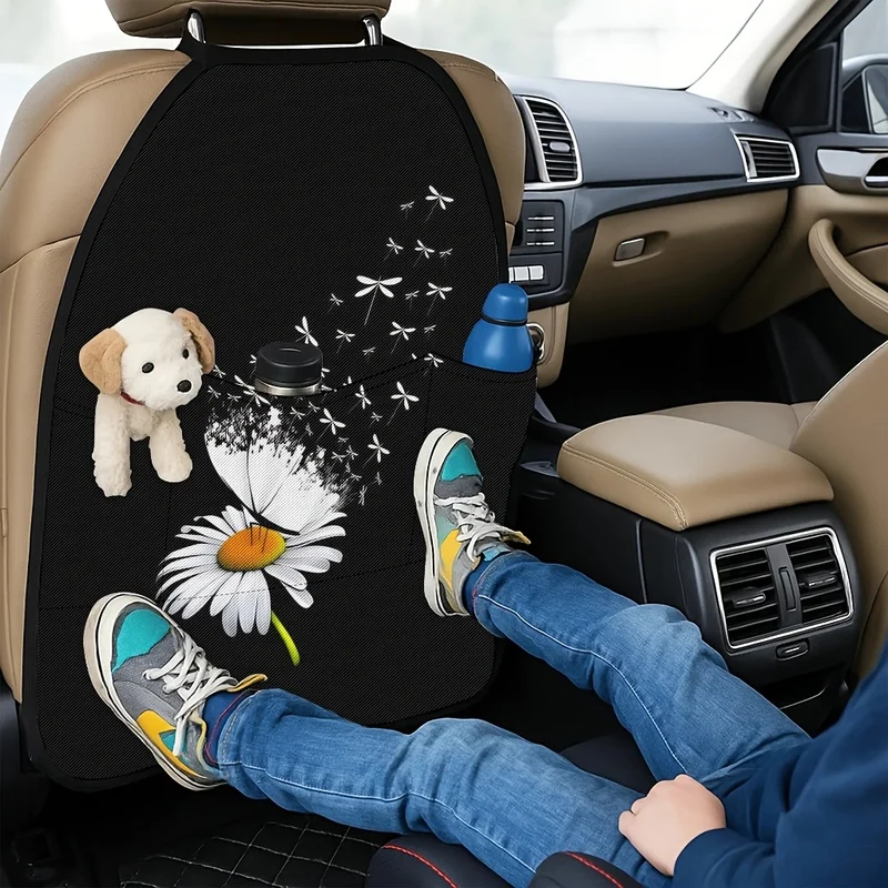Universal Car Seat Back Covers With Storage Pockets, Daisy Dragonfly Art Print For Car Interior Decoration