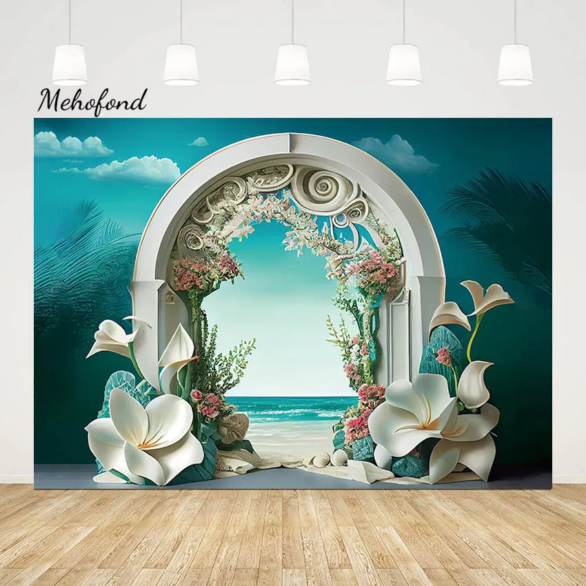 

Mehofond Summer Blue Sky White Cloud Backdrop Wedding Flower Arch Door Party Photography Background Engagement Decor Photocall