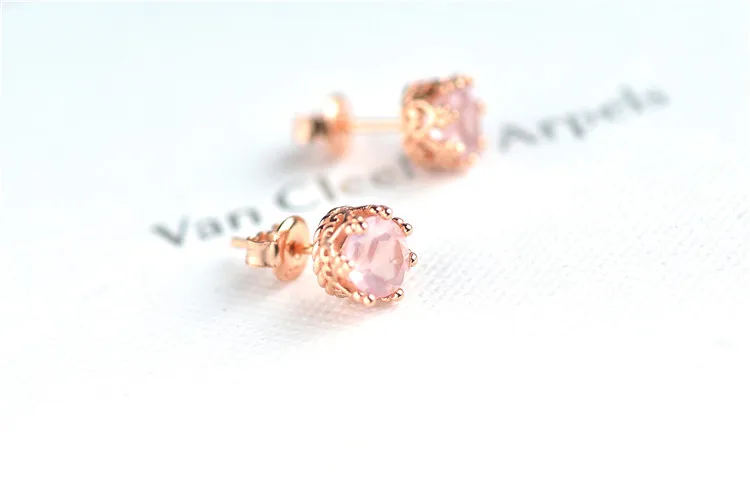 1pair 925 Sterling Silver Natural Pink Crystal Quartz Ear Stud 18K Rose Gold Simple Gemstone Earring Fine Jewelry Wholesale Gift