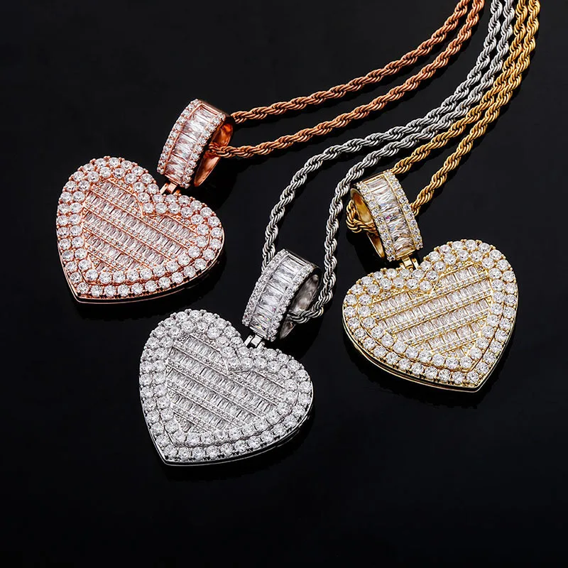 Custom Heart Shape Flip Photo Frame Pendant Necklace for Men and Women, AAA Zircon Bling, Iced Out Rapper Jewelry Gifts