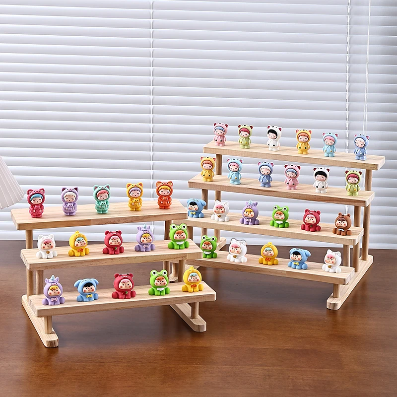 Farmhouse Wind Doll Display Rack, 4-Tier Wooden Shelf Separated Type for Decor, Handmade Natural Wood Tiered Display Stand for C