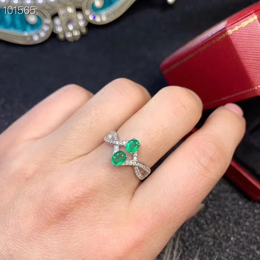 

Elegant Two Gemstones Ring for Woman 100% Natural 4mm*5mm Emerald Silver Ring Solid 925 Silver Emerald Ring for Party