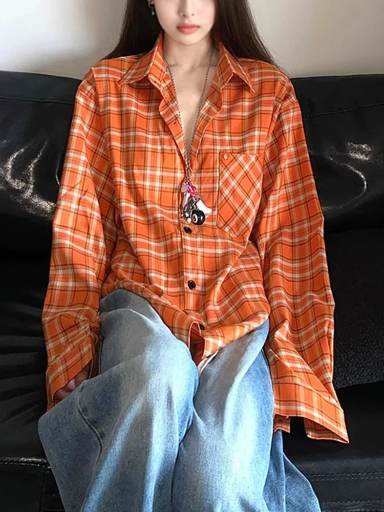 

American Retro Women's Orange Plaid Long Sleeve Shirt Oversized Casual Unisex Sun Protection Blouse for Couples