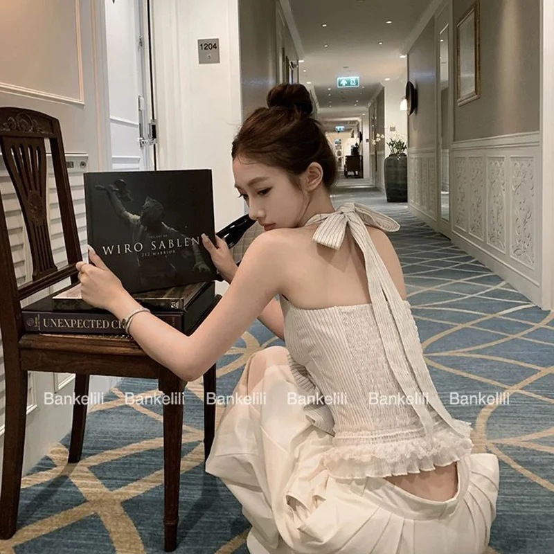 Chaleco coreano de retazos de encaje a rayas para mujer, Top con espalda descubierta y lazo de verano, estilo pijo Harajuku Chic, camisetas sin mangas sexis con diseño que combinan con todo