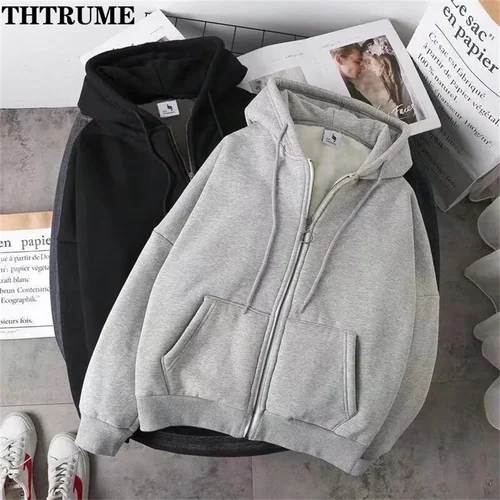Imagen 2 del producto Sudaderas con capucha elegantes para mujer, moda Otoño Invierno, forro polar de manga larga, Top con capucha de Color sólido, sudaderas informales con cremallera para oficina para mujer