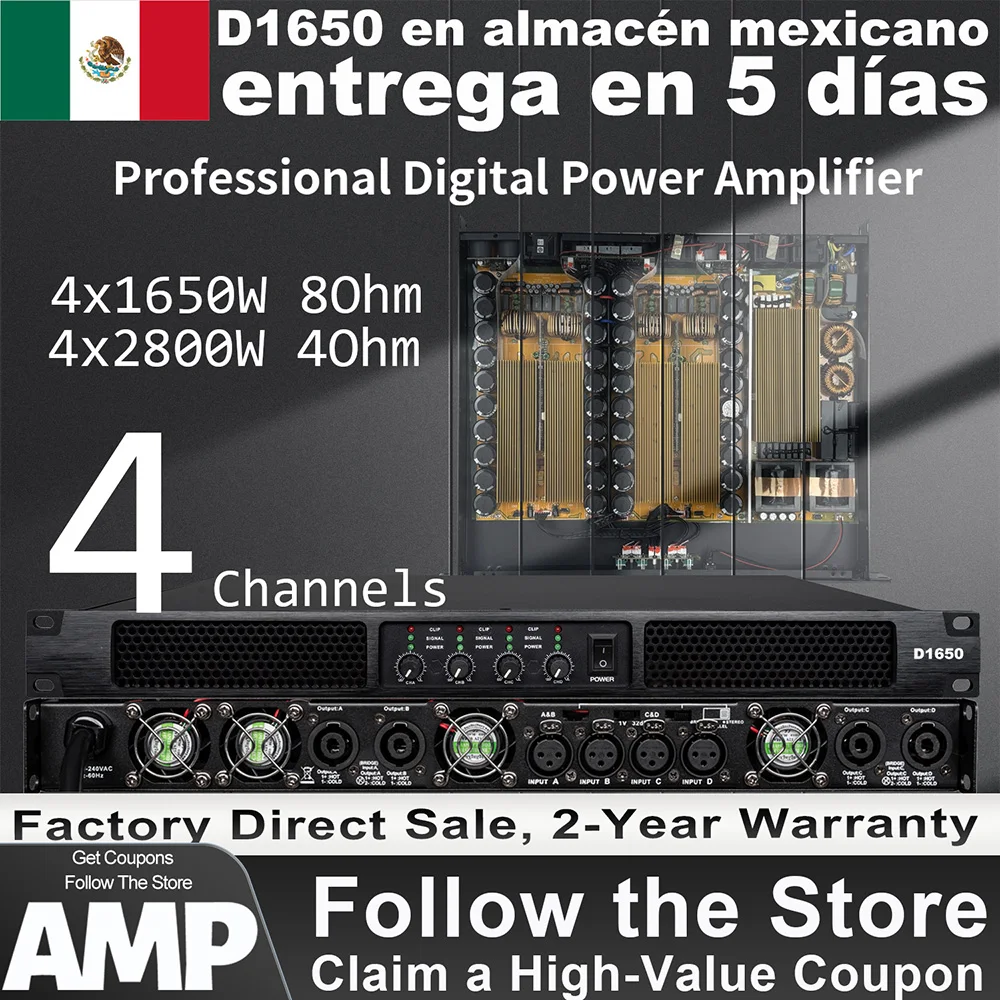 SenMicre D1650 Amplificador de potencia digital profesional 4x1650w 8Ohm 4 canales DJ subwoofer Preamplificador Audio Line Array Altavoz Amplificador de sonido 4x2800w 4Ohm Clase D Stage Performance Karaoke