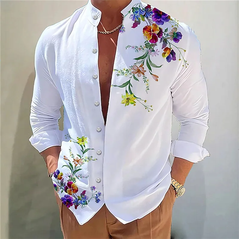 2024 men\'s shirt 3D printed casual daily outdoor street standing collar long sleeved shirt fashionable and comfortable