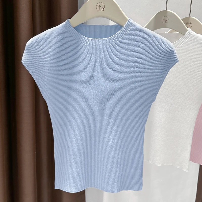 

Round neck Tencel knitted vest women's thin sleeveless casual bottoming shirt Korean style all-match waistcoat top summer