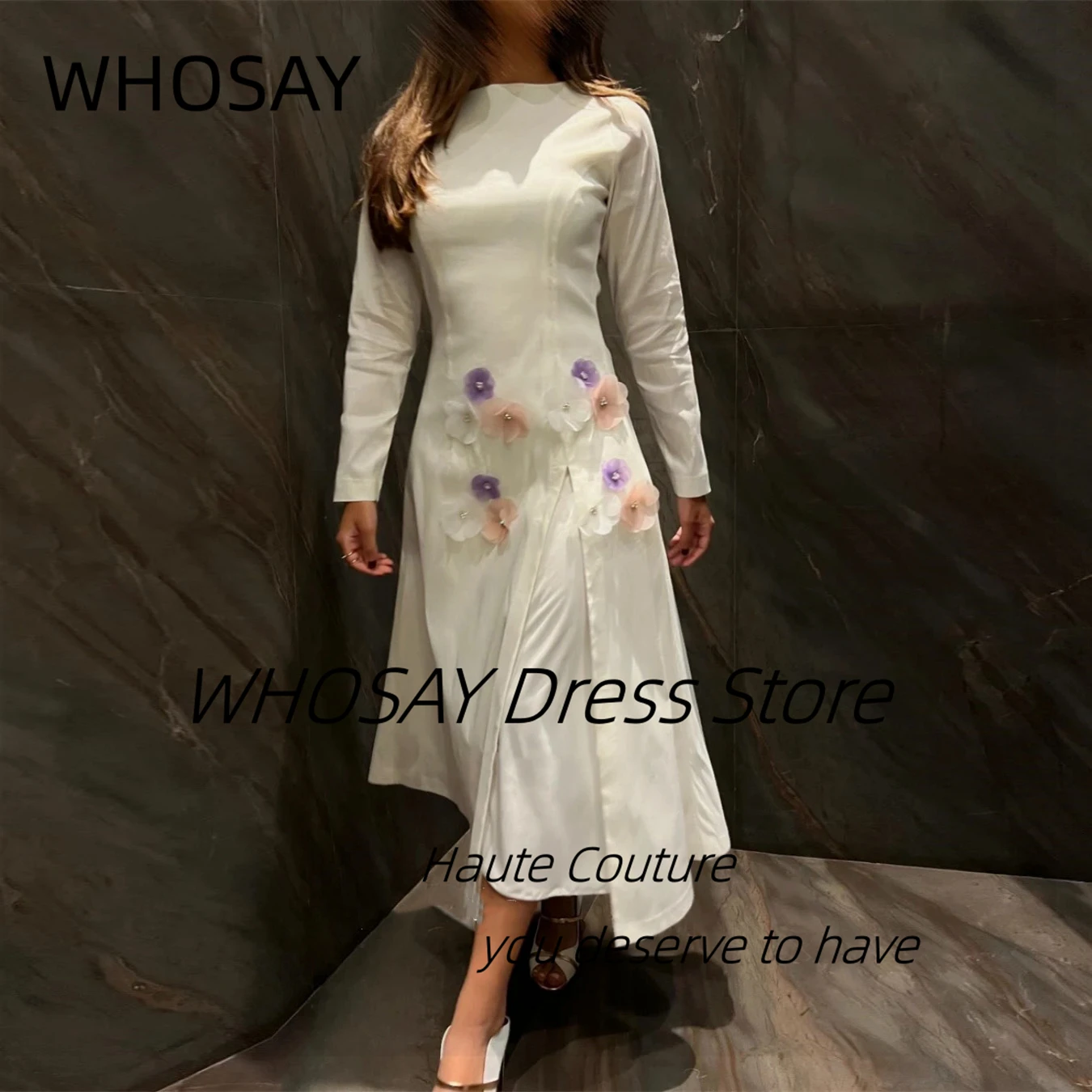 WHOSAY-Robe de Bal Éducative à Fleurs Faites à la Main, Col Rond, Manches sulf, Zone de Remise de Diplôme, Fermeture Éclair au Dos, Soirée, Quelle que soit