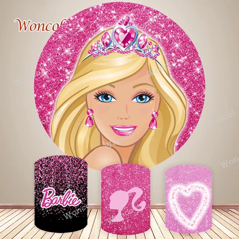 Barbie Round Backdrop Princess Birthday Baby Shower Photography Backdrop Pink Birthday Theme Round Cylinder Cover Props