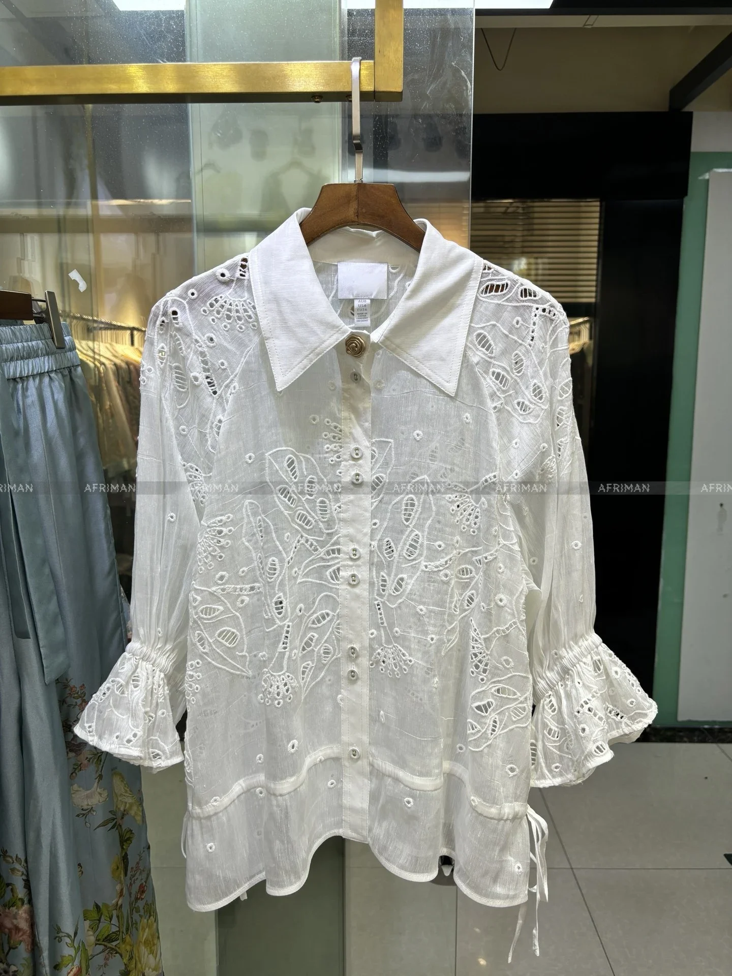 Women Summer New Hollowed Out Embroidery Drawstring Waist Romantic White Silk Linen Shirt Top