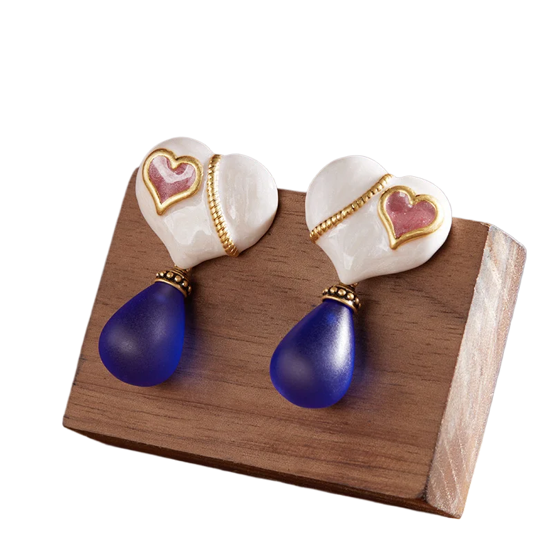 Fashion Classic Blue Water Drop Frosted Glass Heart Hand-painted Drip Oil Milky White Love Shape Palace Style Earrings for Women