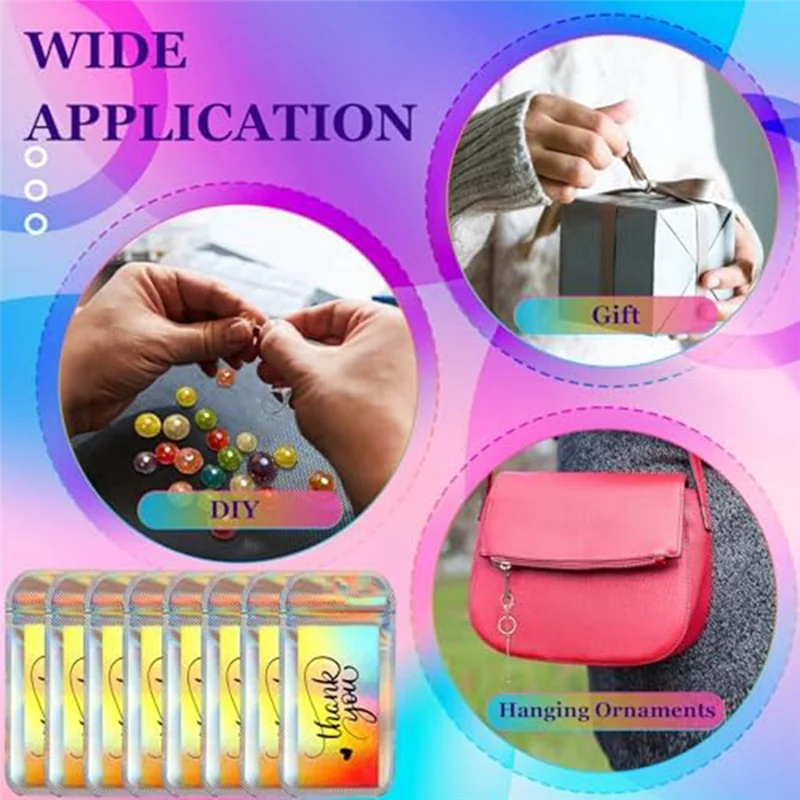 

AED5-Set Of 30 Beaded Key Chains Holographic Resealable Bags For Project Pendant Keychains