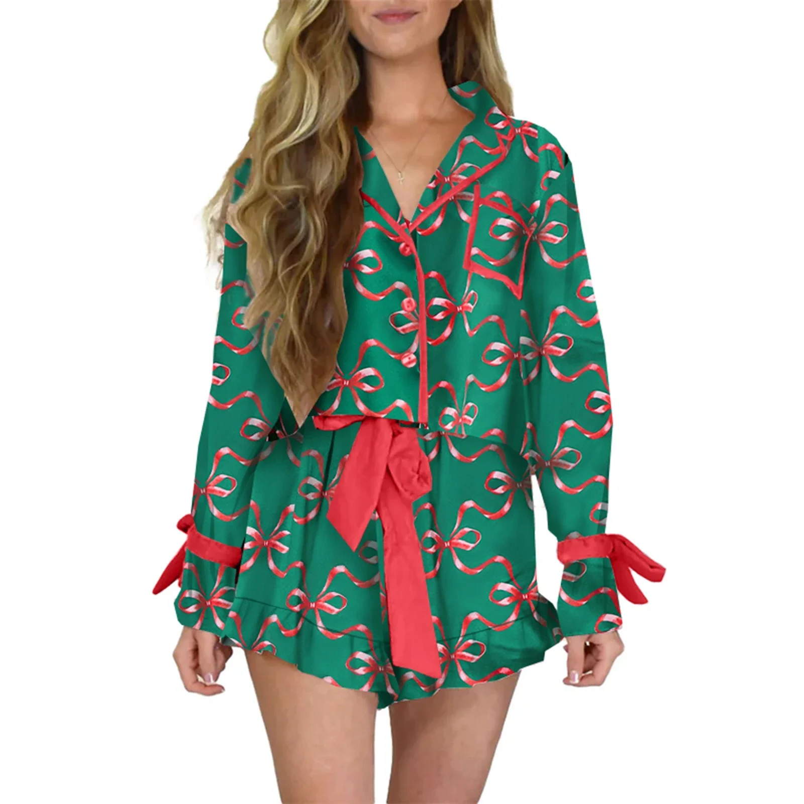 Weihnachts-Pyjama für Damen, Schleife, Weihnachtsmann-Aufdruck, Langarm-Shirts, Rüschen-Shorts, Lounge-Set, Weihnachten, 2-teilige Nachtwäsche