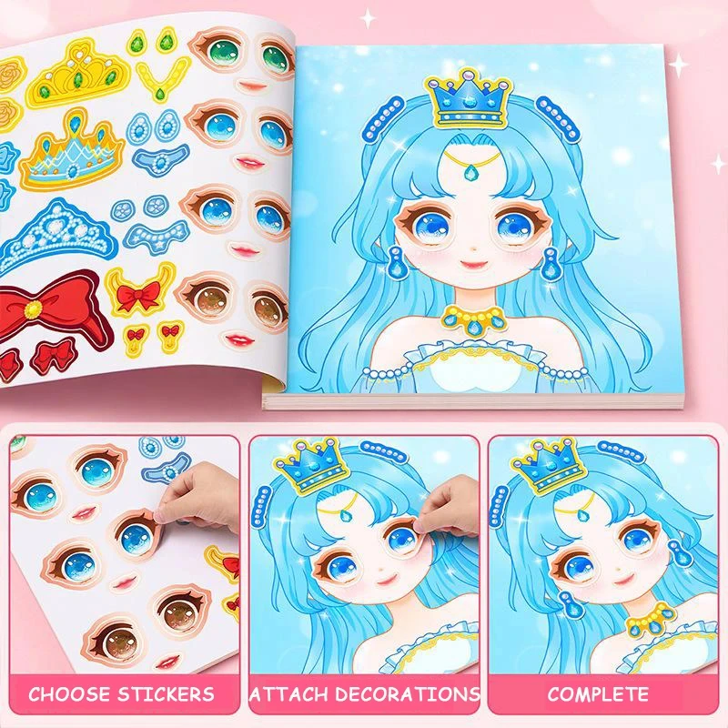 1PC Cartoon Princess Make a Face Puzzle Stickers Set for Girls Reusable Creative Handicrafts Kids Toy Stickers