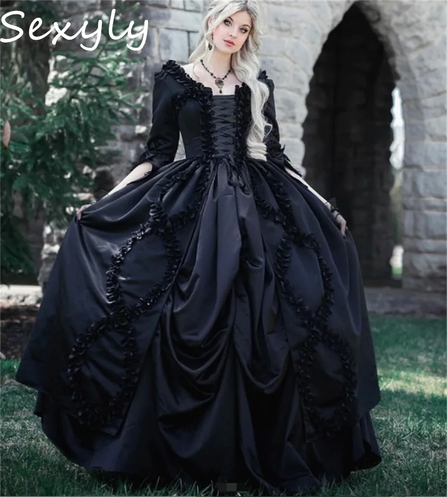 

Customized Black Gothic Wedding Dress 2025 Long Sleeve Medieval Renaissance Bridal Dress Pleat Satin Fantasy Victorian Bride