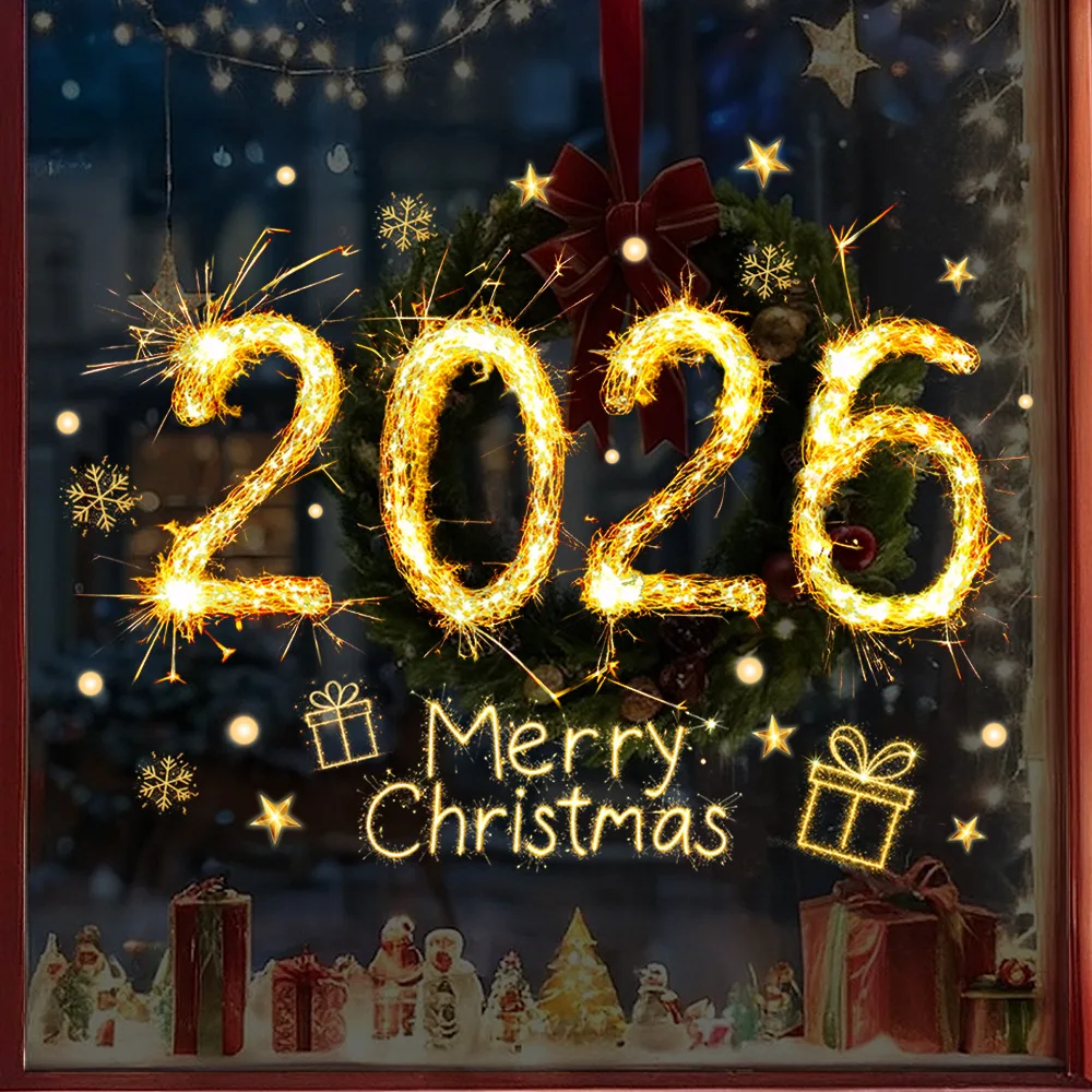 ملصقات ثابتة لعيد الميلاد والعام الجديد لعام 2026 - شارات نافذة للمتاجر (أنماط الثلج/المراخ/النباتات)