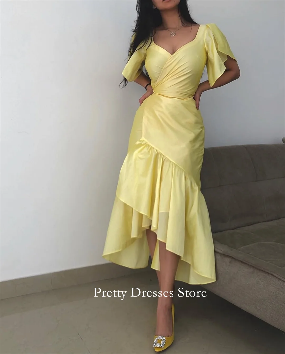 V-Neck Fashion Style Satin Yellow Vintage Ruched Ankle Length Evening Dresses Customized Formal Prom Growns Party Women Bride