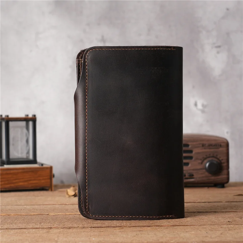 1131 Men's Crazy Horse Leather Medium To Long Wallet, Retro Two Fold Genuine Leather, Pure Head Layer Leather Wallet
