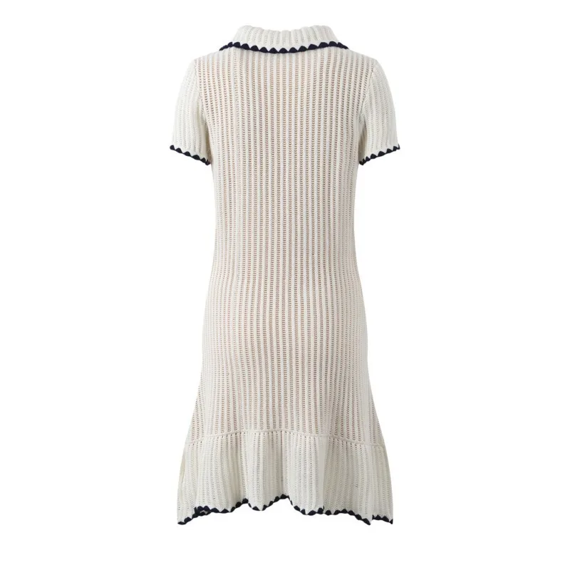 2024 spring and summer new niche ivory contrast color hand-hooked short-sleeved knitted dress temperament slim dress