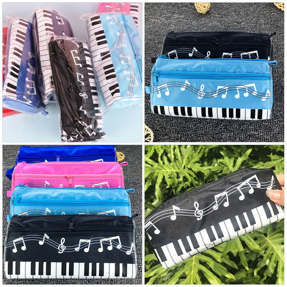 

2 Pcs Music Note Pencil Bag Piano Pattern Storage Case Lightweight Portable Pen Pouch Polyester Material Black Blue