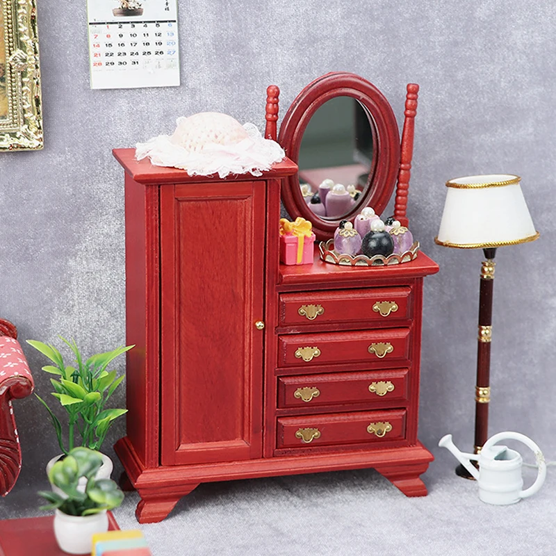 1:12 Dollhouse Miniature Vintage Dressing Table W/Mirror Chest Of Drawers Furniture Model Decor Toy Doll House Accessories