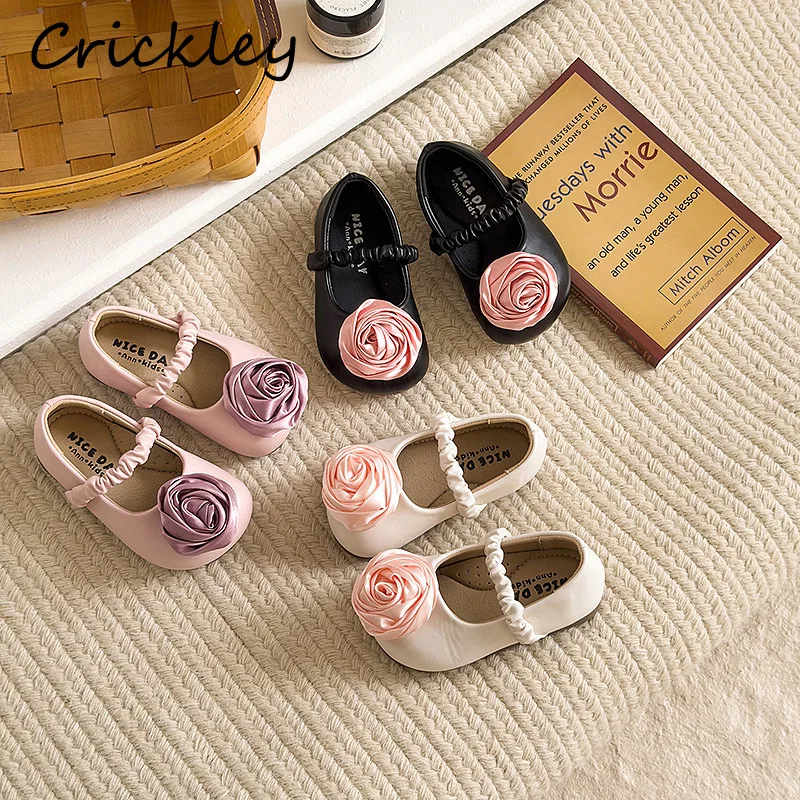 Flowers Solid Girls Ballet Flats Rose PU Leather Elastic Band Children Princess Shoes Soft Non Slip Kids Flats Shoes