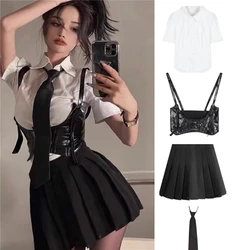 American Hot Girl Uniform Set Three-pieces HotSweet Slim Corset Shirt White Short Sleeved Women Mini Pleated Skirt Black Summer