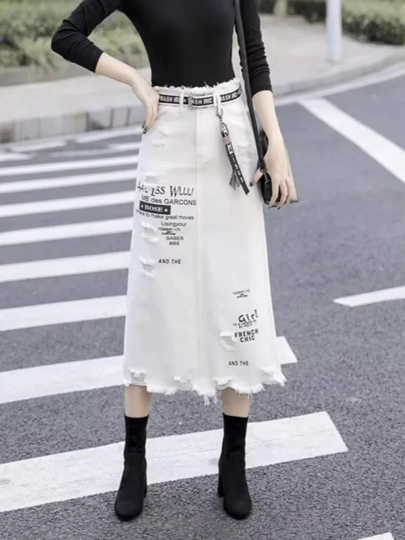 

2025 New Women Skirt White Denim Long Skirts Letter Print Korean Style Fashion Hole Oversize Plus Size Female Skirts R8XJ