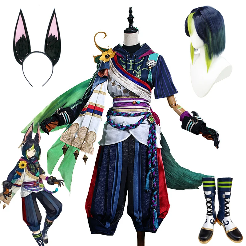 Gioco Genshin Impact Tighnari Costume Cosplay Sumeru Genshin parrucca Cosplay orecchie vestito fantasia scarpe donna vestiti per feste di Halloween