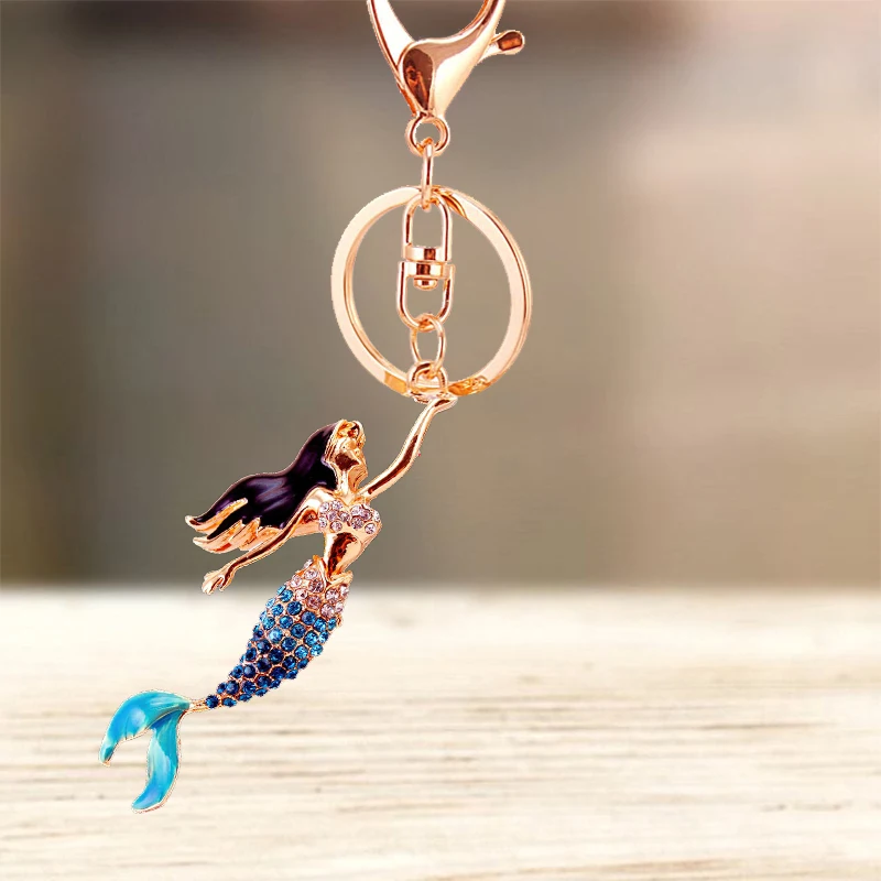 Cute Rhinestone Crystal Mermaid Keychain Animal Beautiful Fish Key Chain Key Ring Holder Bag Pendant Accessories Keyring