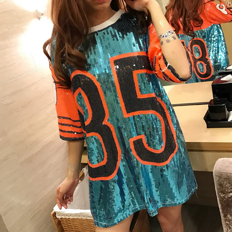 

Women Loose 85 Numbers Sequin T Shirt Dress Mini Dress Hip-Hop Long Oversized Beading Tees Cheerleaders Dance Performance Tops