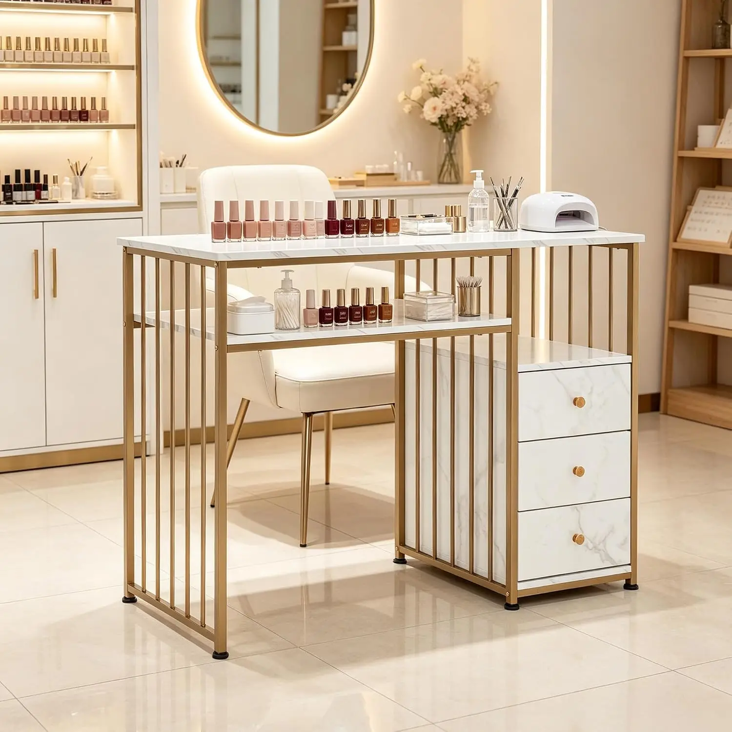Marble Texture Manicure Table for Storage, Gold Metal Frame 2407, Customized