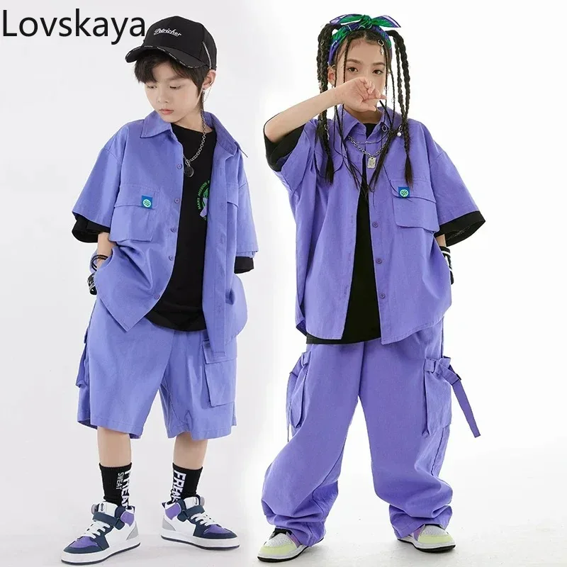 

Kids Loose Overalls Purple Coat Pants Street Dance Clothing Jazz Drum Show Stage Clothes Hip Hop Dance Costume