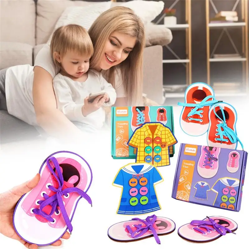 Shoe Tying Practice Toy Threading Game For Kids Learn To Button And Tie Early Learning Basic Life Skills Toy Sensory Board Toys