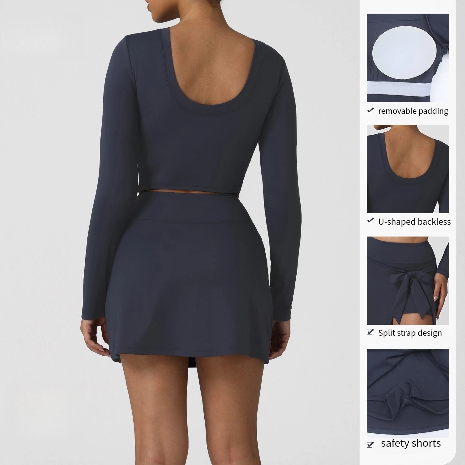 

Теннисная короткая юбка для фитнеса, спорта, тонкий топ с открытой спиной и длинными рукавами, комплект для гольфа, бадминтона, одежда для бега, тренировок, одежда для спортзала, йоги