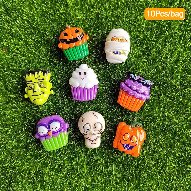 10Pcs Resin Cute Colorful 3D Ghosts Bat Cake Pumpkin Owl Skull Head Figurines Flatback Decor DIY Halloween Scrapbook Crafts