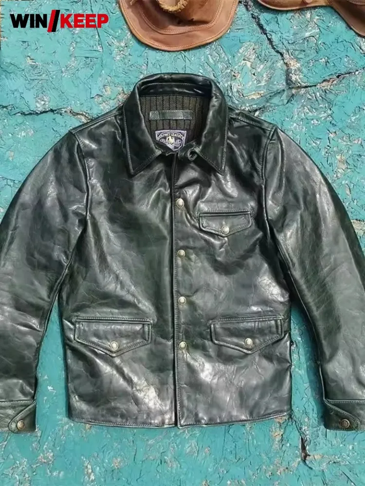 Autumn Vintage Oil Wax Horsehide High Quality Mens Punk Genuine Leather Jacket Single Breasted Slim Fit Motorcycle Short Coat