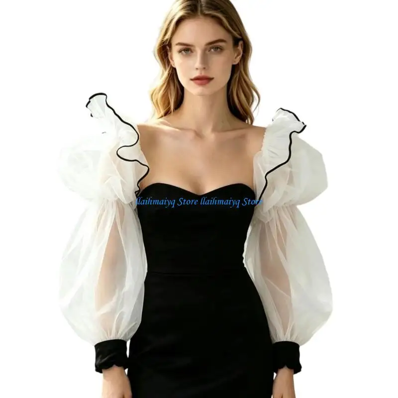 573B Romance White Organza Arm Sleeves With Puff Design Bubble Arm Covers For Formal Event Wedding Ceremony Dressingup