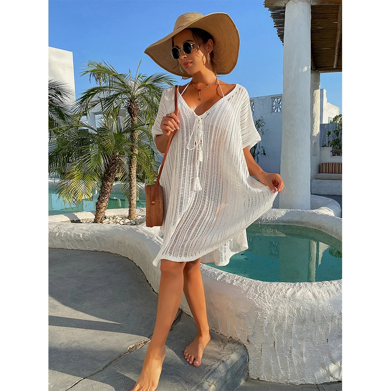 Knitting Binding Rope Bikini Cover Up Sexy Hollow Loose Dress Female Summer Swimsuit Beach Sunscreen Smock Dress