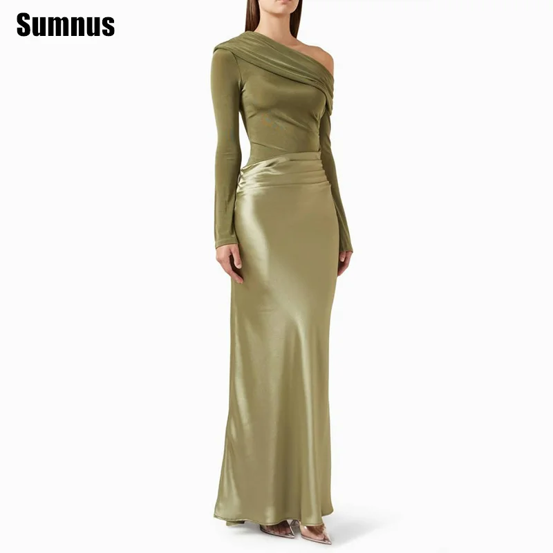

Sumnus Simple Mermaid Prom Dress Pleats One Shoulder Long Sleeves Maxi Bodycon Evening Dress Gala robes de soirée Customized