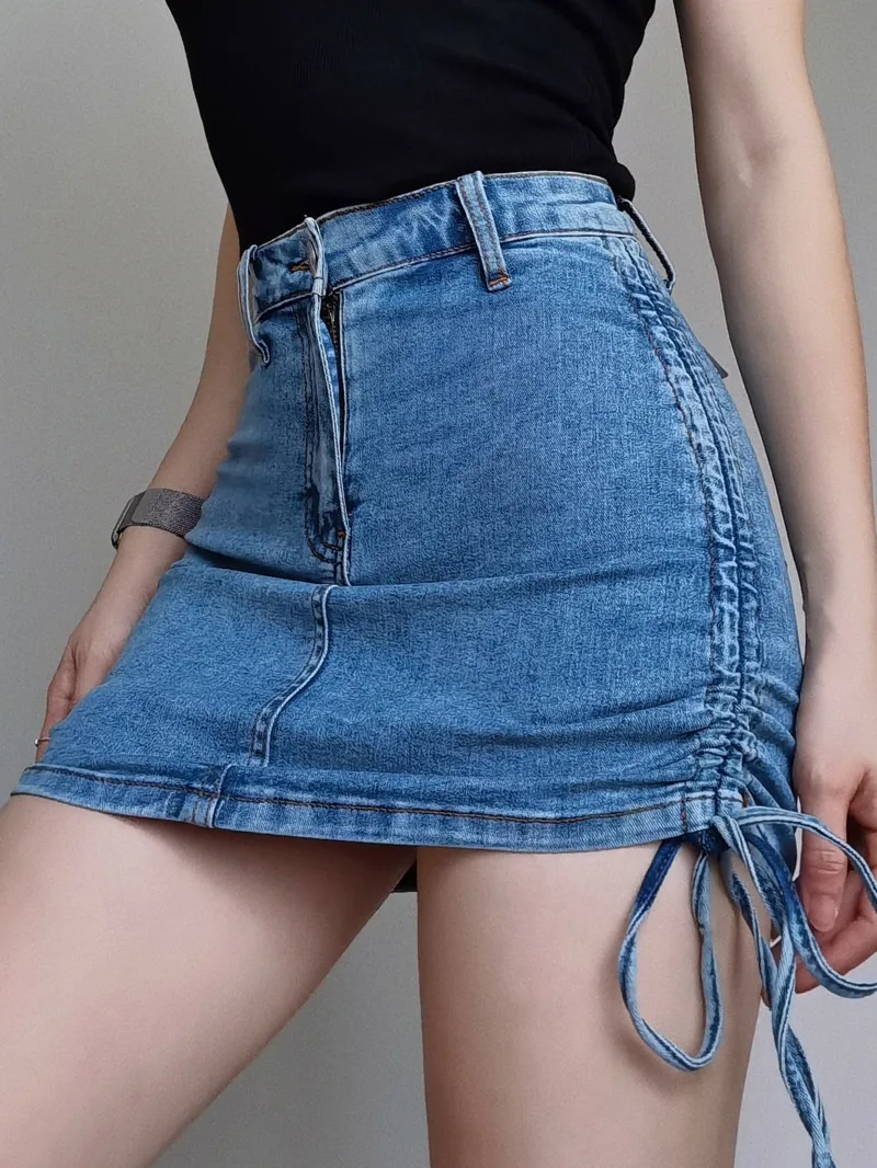 

European American Style Side Drawstring Tied Denim Skirt Women Summer New High Waist Slim Elastic Sexy Wrap Hip Skirt YSFV