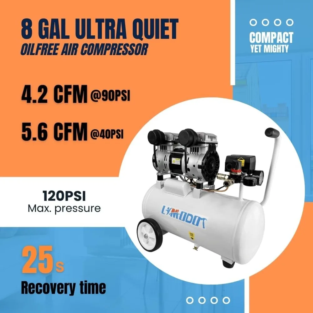 Portable 8 Gal Aluminum Tank Air Compressor, Rustproof, Lightweight At Only 37.5 Pounds, Efficiency Dual Air Intakes, Quiet,68dB