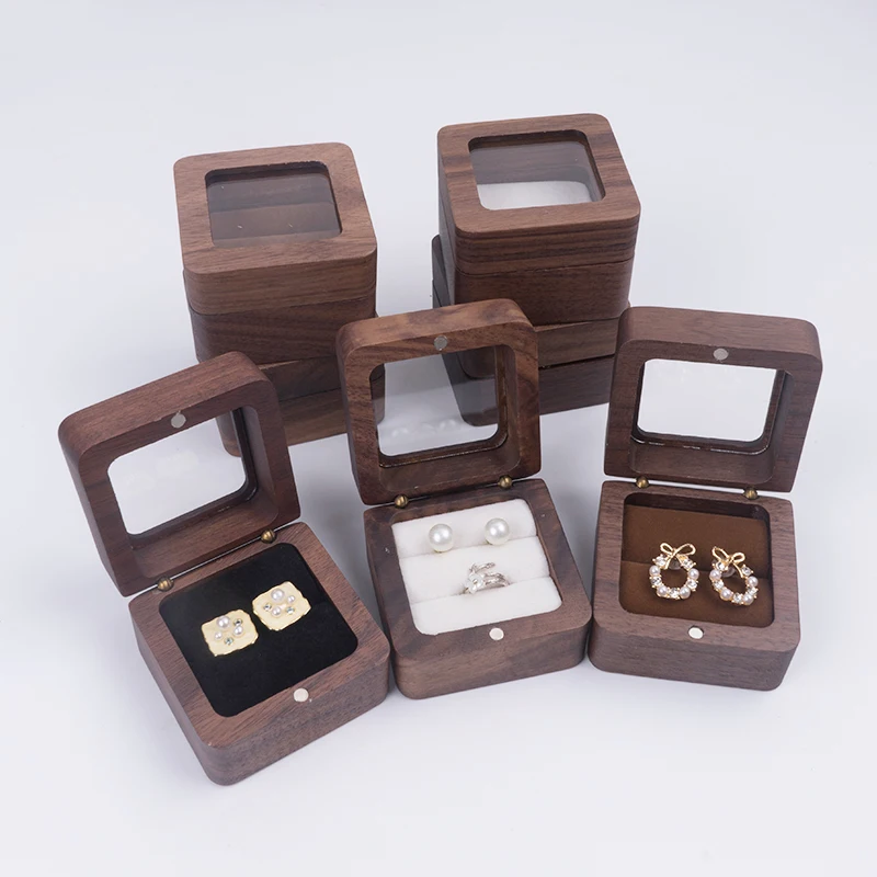 Caja de joyería de madera para anillos de boda, organizador de anillos de terciopelo, caja de embalaje de regalo, estuche de exhibición de anillo de compromiso de propuesta