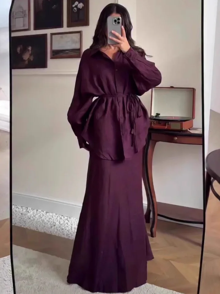 

Ele Long Sve Long Dr Set Женский повседневный костюм Осенний новый Sle Ретро Faion с высокой талией irt Sle Взрослый женский Faion