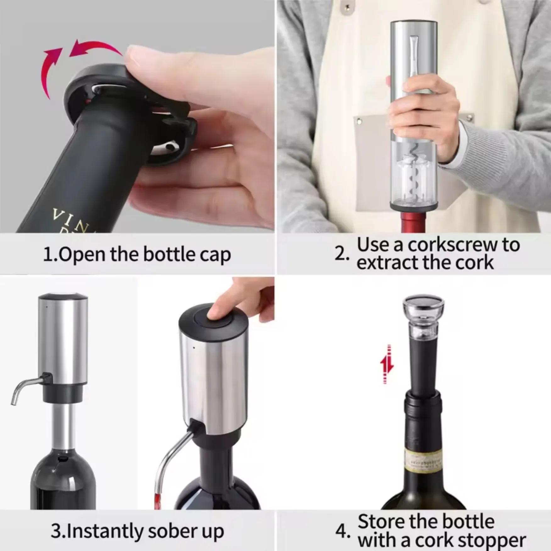 3 in 1 Electric Wine Bottle Opener Aerator and Dispenser Set Rechargerable Automatic Wine Dispenser Corkscrew Bar Tools TYPE-C