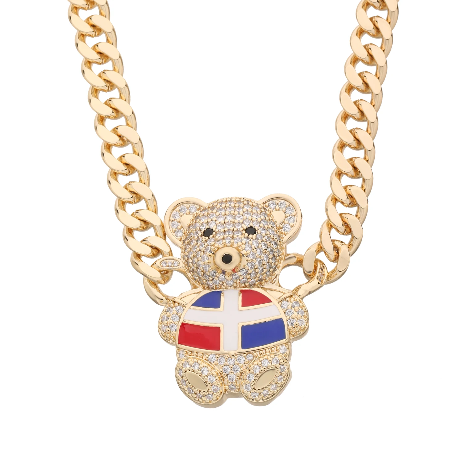 Hot sale hip hop 14k gold plated cute dress map flag teddy bear dominican zircon copper pendant and necklace